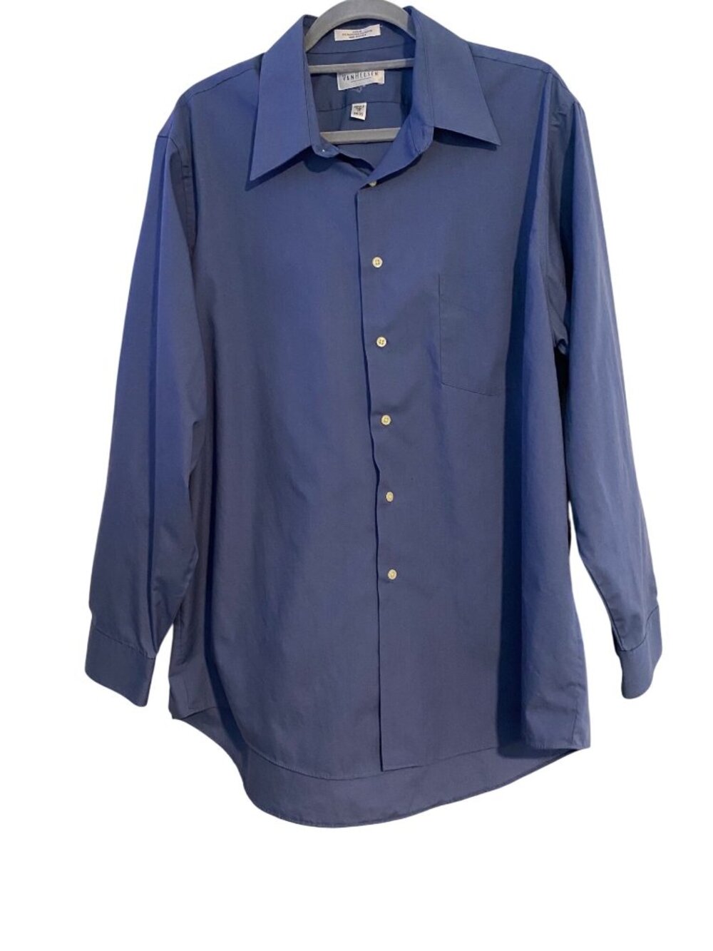 Van Heusen Men's 17 34/35 Wrinkle-Free Blue Shirt Long Sleeve Button-Up Poplin
